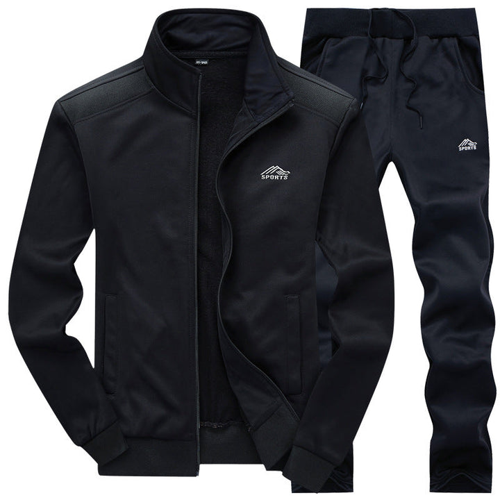 Grauer Herren-Trainingsanzug, modisches Design, Vorderansicht; ideal für sportliche Aktivitäten und Alltag, bequem und stilvo