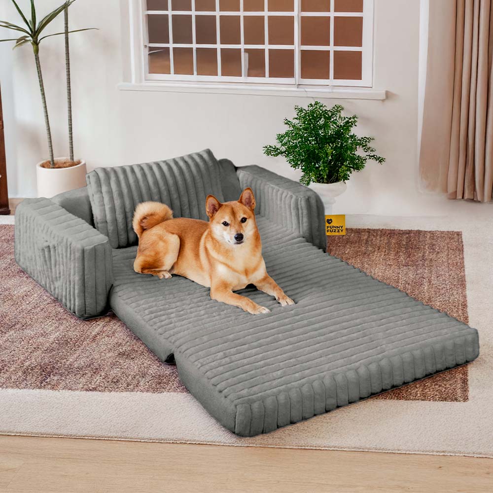 "Großes orthopädisches Mensch-Hund-Bett in flauschigem Beige mit weichen Nackenrollen für maximalen Komfort und Unterstützung