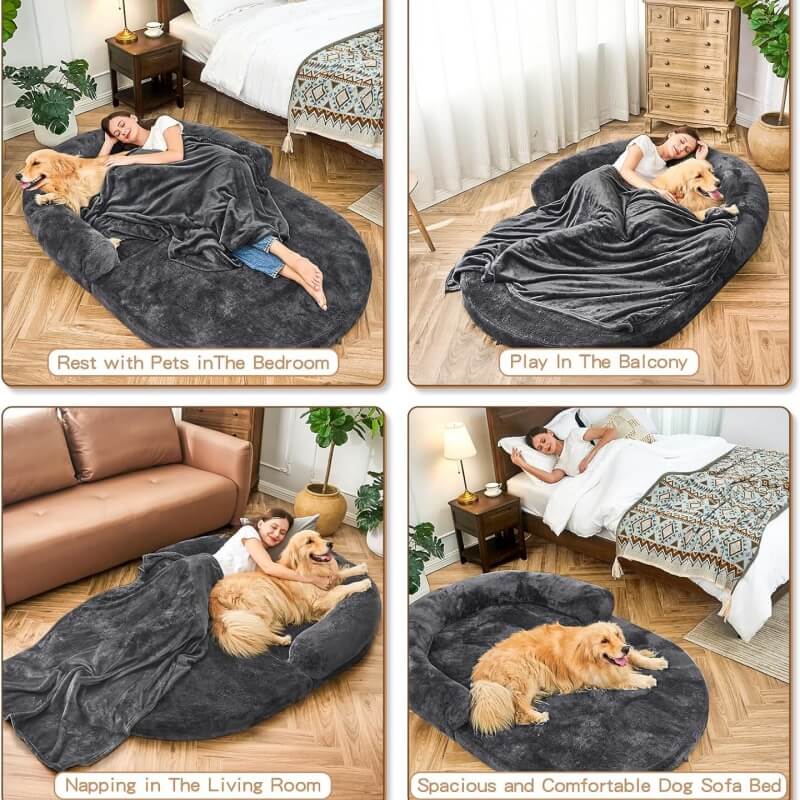 "Großes orthopädisches Mensch-Hund-Bett in flauschigem Beige mit weichen Nackenrollen für maximalen Komfort und Unterstützung