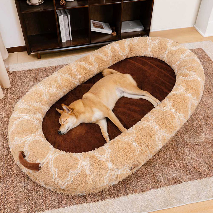 "Großes orthopädisches Mensch-Hund-Bett in flauschigem Beige mit weichen Nackenrollen für maximalen Komfort und Unterstützung