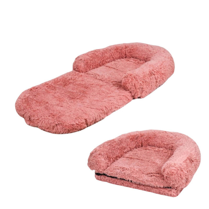 "Großes orthopädisches Mensch-Hund-Bett in flauschigem Beige mit weichen Nackenrollen für maximalen Komfort und Unterstützung
