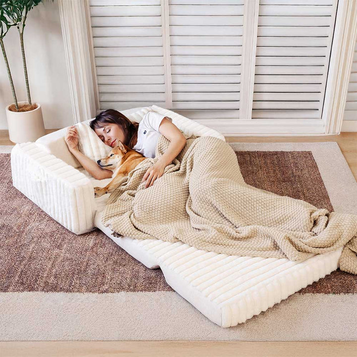 "Großes orthopädisches Mensch-Hund-Bett in flauschigem Beige mit weichen Nackenrollen für maximalen Komfort und Unterstützung