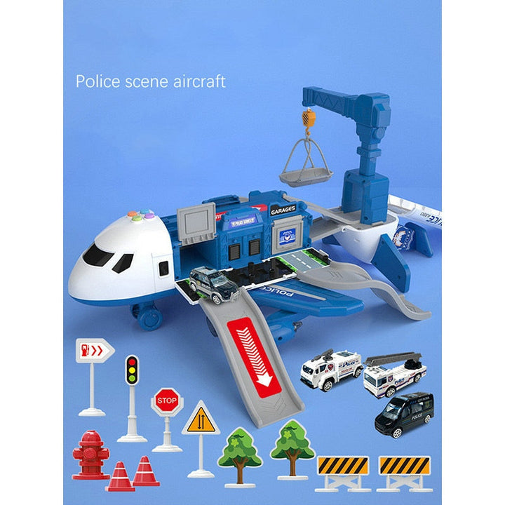 Großes Spielzeugflugzeug-Set mit 6 Mini-Autos, realistische Details, interaktive Funktionen, fördert kreatives Spielen.