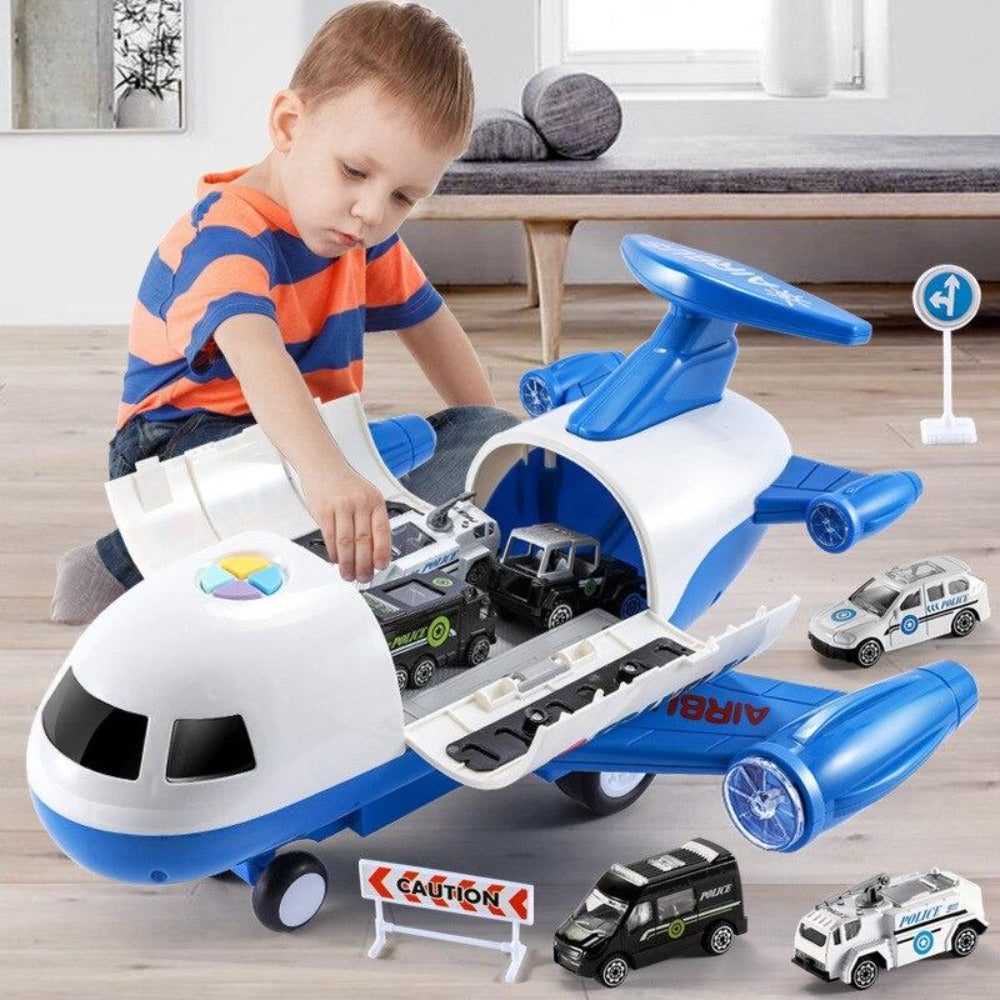 Großes Spielzeugflugzeug-Set mit 6 Mini-Autos, realistische Details, interaktive Funktionen, fördert kreatives Spielen.