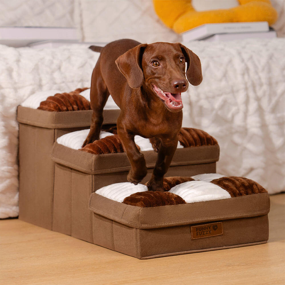 "Handgefertigte, graue Hundetreppe mit Stauraum, schützt Gelenke, rutschfest, ideal für ältere Hunde und Wohnungsdekor."