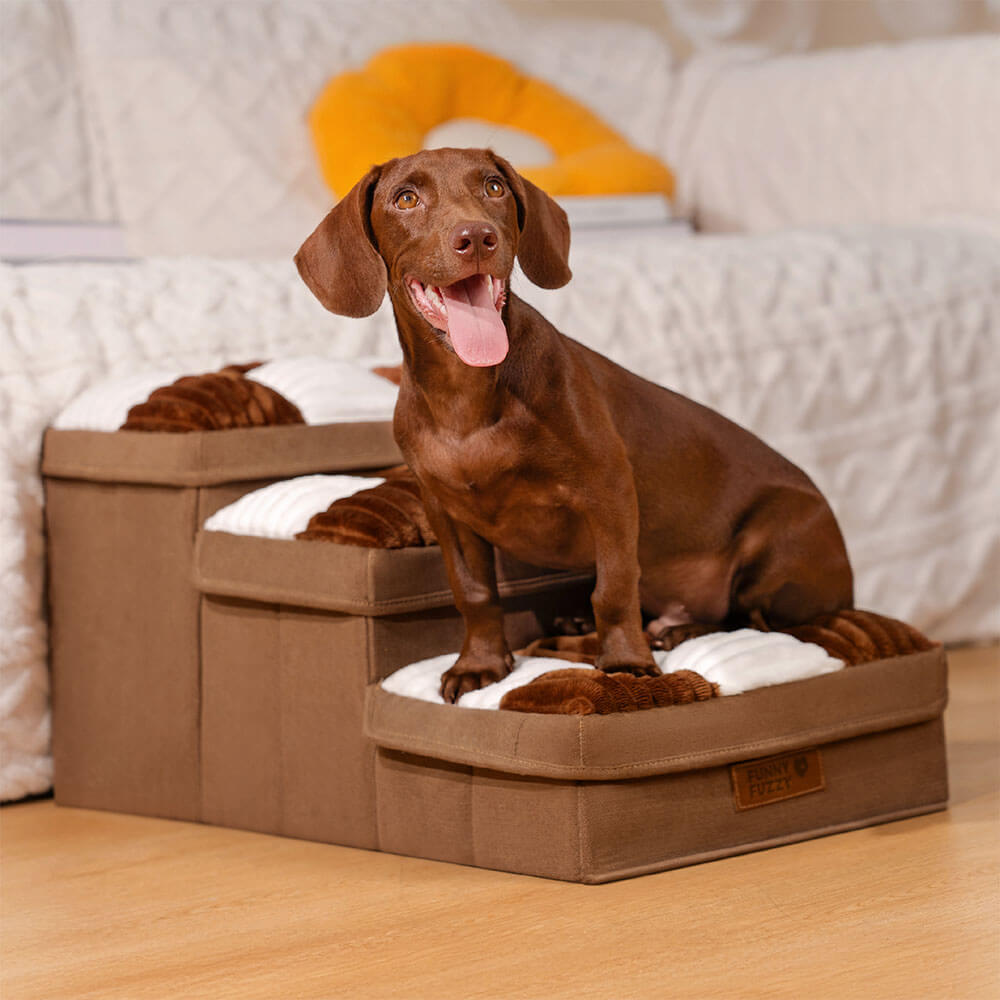 "Handgefertigte, graue Hundetreppe mit Stauraum, schützt Gelenke, rutschfest, ideal für ältere Hunde und Wohnungsdekor."