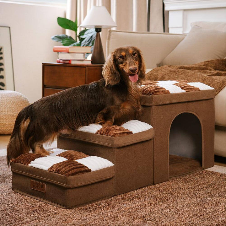 "Handgefertigte, graue Hundetreppe mit Stauraum, schützt Gelenke, rutschfest, ideal für ältere Hunde und Wohnungsdekor."