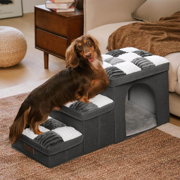 "Handgefertigte, graue Hundetreppe mit Stauraum, schützt Gelenke, rutschfest, ideal für ältere Hunde und Wohnungsdekor."