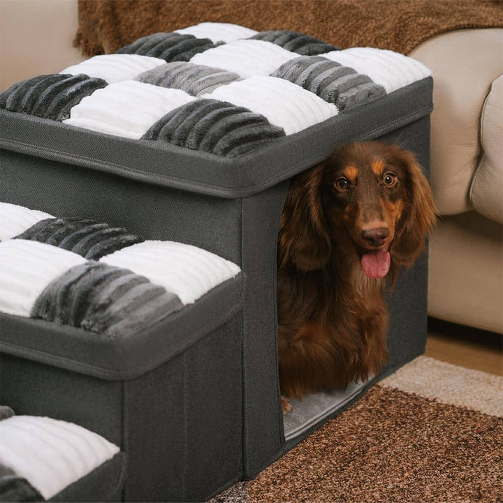 "Handgefertigte, graue Hundetreppe mit Stauraum, schützt Gelenke, rutschfest, ideal für ältere Hunde und Wohnungsdekor."