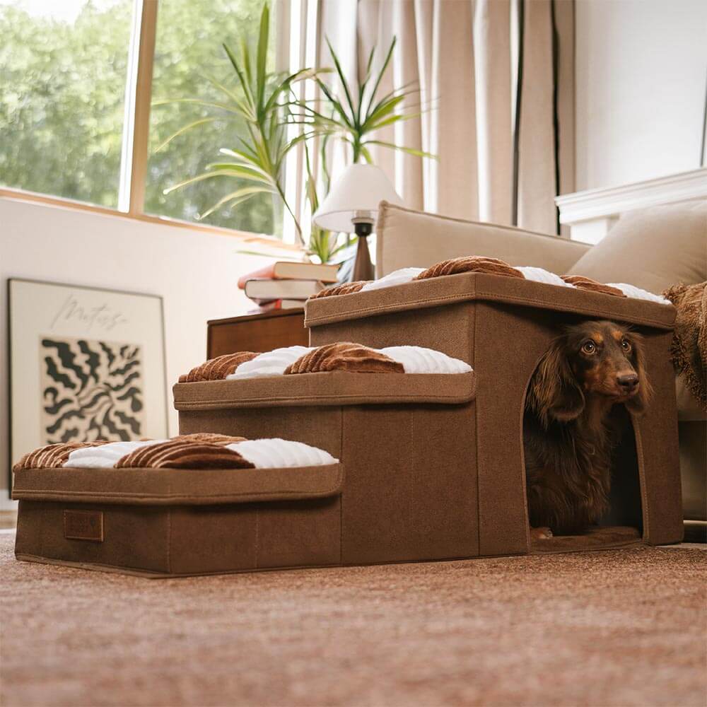 "Handgefertigte, graue Hundetreppe mit Stauraum, schützt Gelenke, rutschfest, ideal für ältere Hunde und Wohnungsdekor."