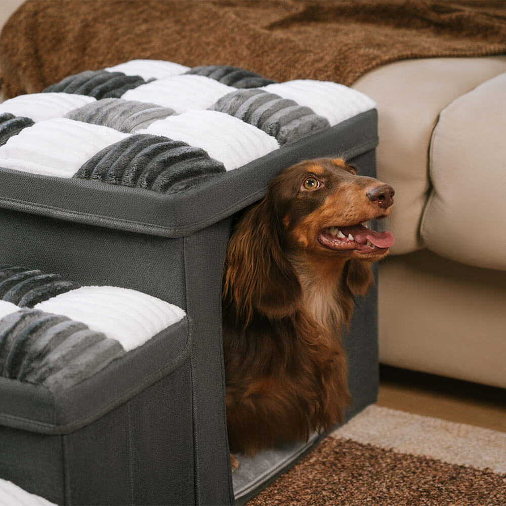 "Handgefertigte, graue Hundetreppe mit Stauraum, schützt Gelenke, rutschfest, ideal für ältere Hunde und Wohnungsdekor."
