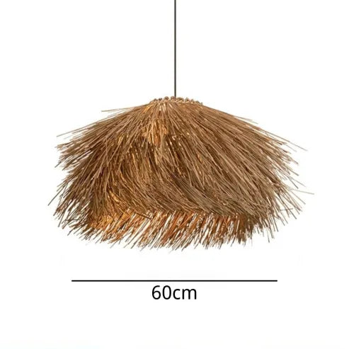 "Handgefertigte Rattan-Pendelleuchte im Vintage-Stil, mit schwarzem Eisen-Baldachin, für Wohnzimmer oder Esstisch."