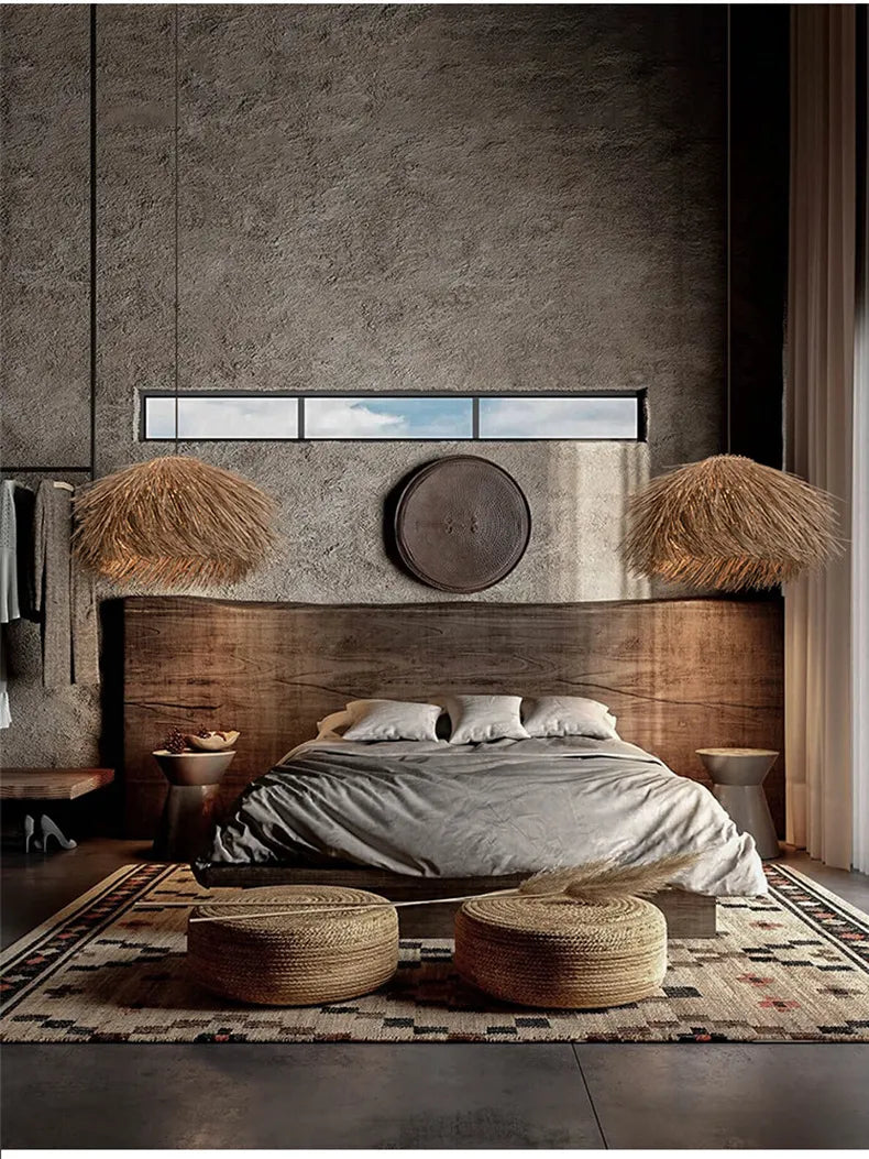 "Handgefertigte Rattan-Pendelleuchte im Vintage-Stil, mit schwarzem Eisen-Baldachin, für Wohnzimmer oder Esstisch."