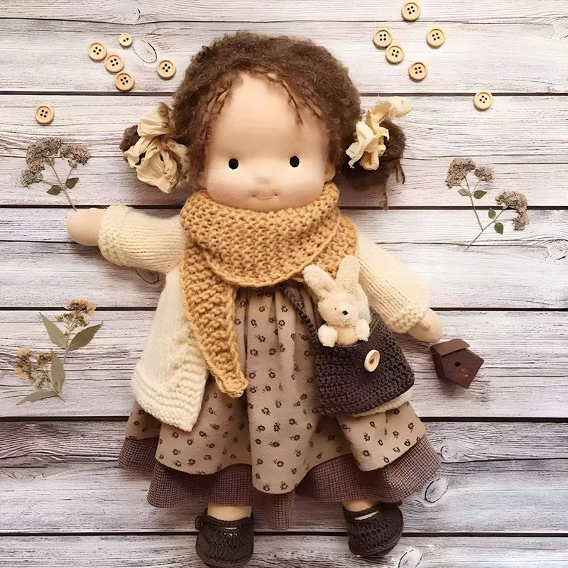 "Handgefertigte Waldorfpuppe in Erdtönen, mit rotem Haar, braunem Kleid und blauem Hut, sicher und natürlich."
