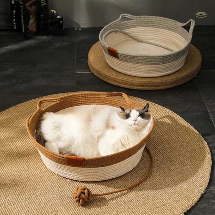 "Handgewebtes Katzenbett aus Baumwollseil mit hohen Seitenwänden, weich und komfortabel, passt in jede Einrichtung"