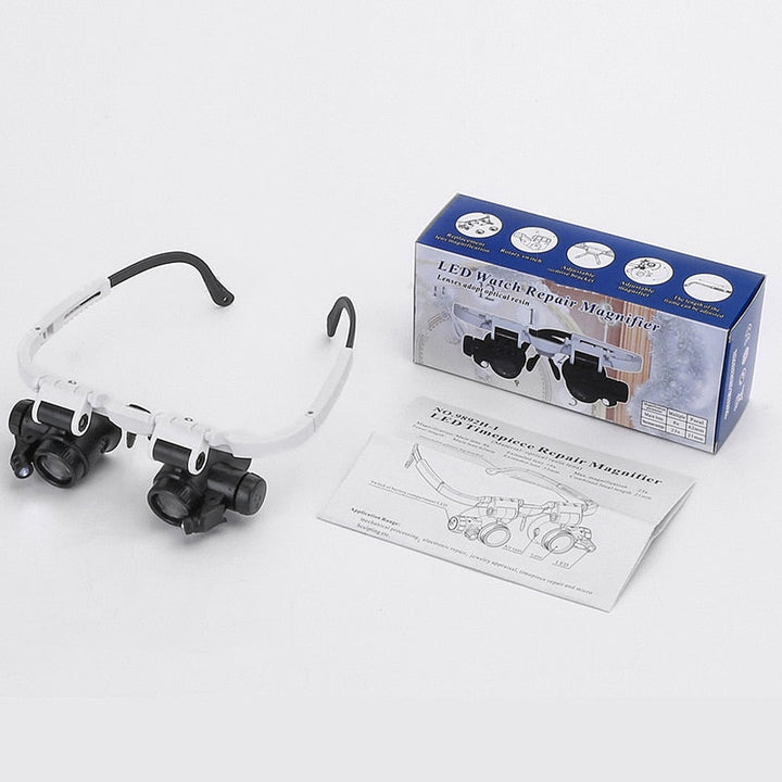 "HD Lesebrille mit LED-Beleuchtung, 3 Vergrößerungsstufen, ideal für Präzisionsarbeiten, auf weißem Hintergrund"