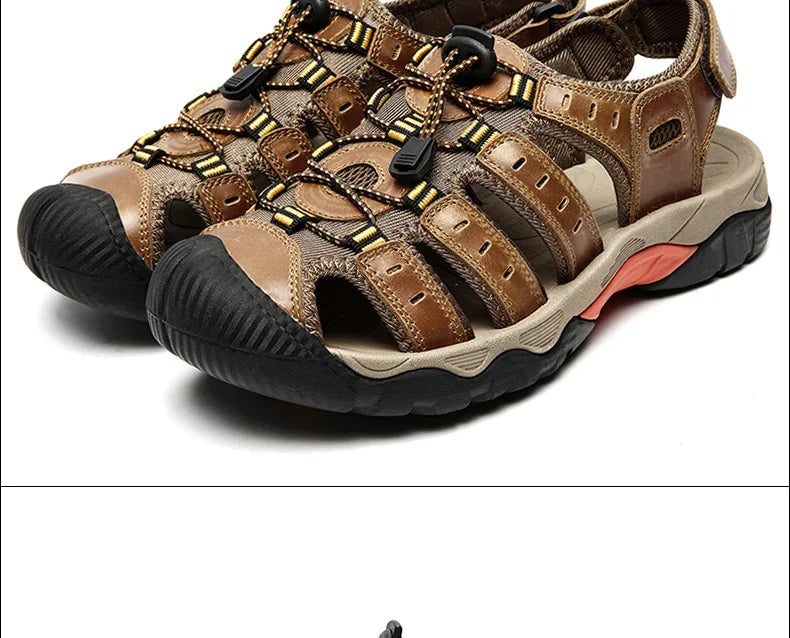 "Herren Outdoor Ledersandalen aus robustem Rindsleder, braun, mit elastischem Verschluss und rutschfester Gummisohle."