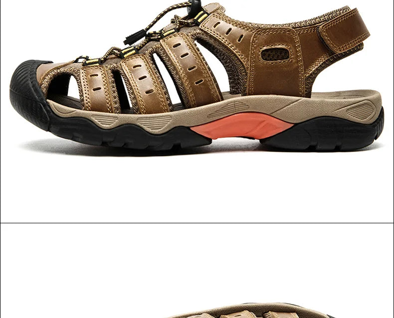 "Herren Outdoor Ledersandalen aus robustem Rindsleder, braun, mit elastischem Verschluss und rutschfester Gummisohle."