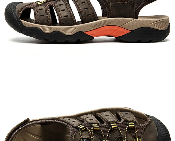 "Herren Outdoor Ledersandalen aus robustem Rindsleder, braun, mit elastischem Verschluss und rutschfester Gummisohle."