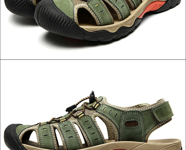 "Herren Outdoor Ledersandalen aus robustem Rindsleder, braun, mit elastischem Verschluss und rutschfester Gummisohle."