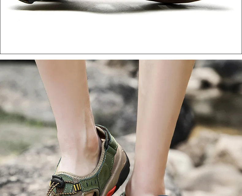 "Herren Outdoor Ledersandalen aus robustem Rindsleder, braun, mit elastischem Verschluss und rutschfester Gummisohle."