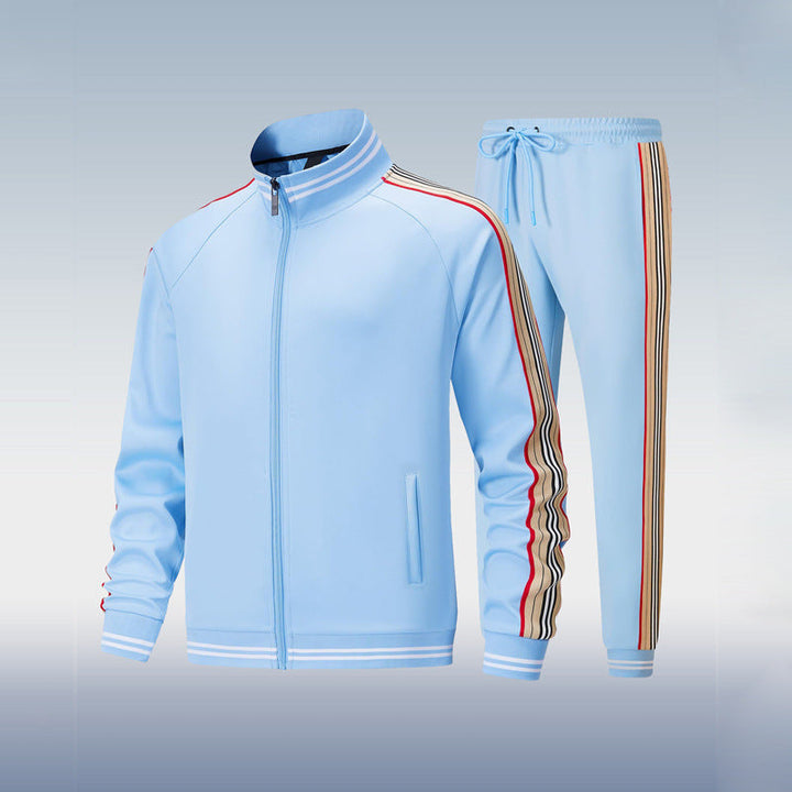 "Herren Trainingsanzug Set, atmungsaktiv, modern; dunkelblaues Set mit Jacke und Hose, ideal für Sport und Freizeit."
