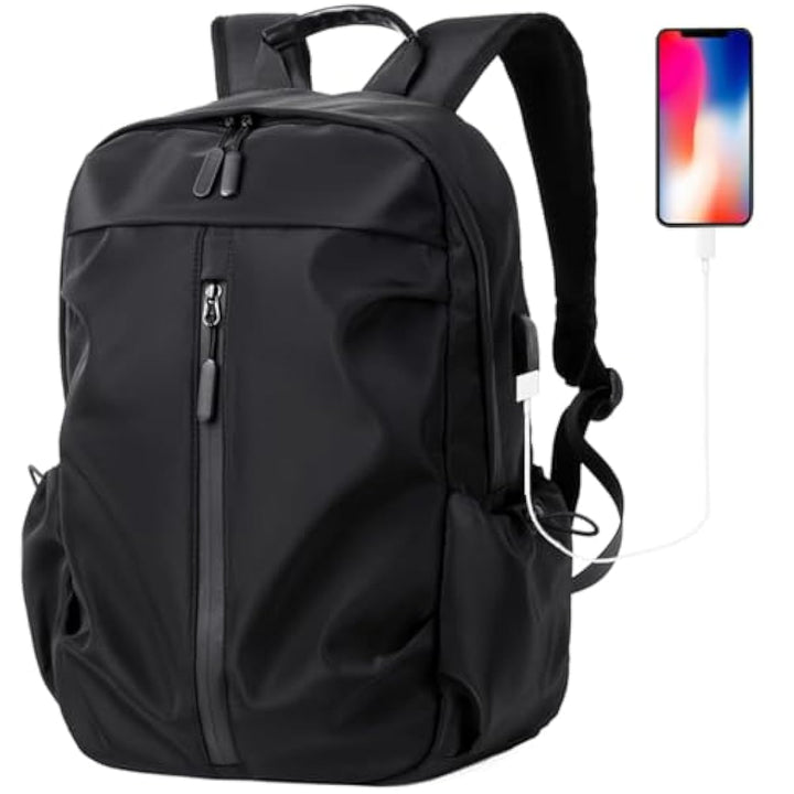 "Herren Wasserdichter Rucksack mit Anti-Diebstahl & USB, grau-schwarz, viele Fächer, ideal für Reisen & Laptop-Transport."