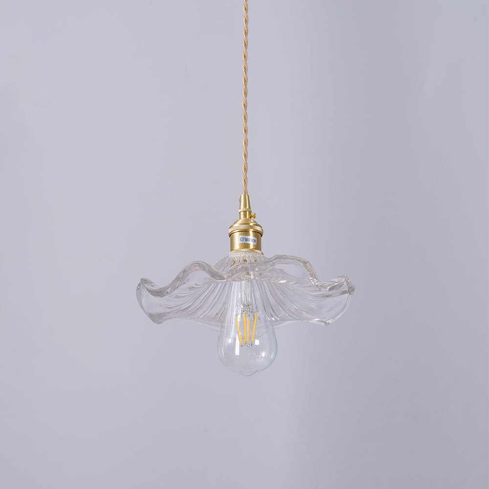 "Hibiskus LED Pendelleuchte, Glas-Messing, Blumenform, verstellbare Höhe, elegantes Design, Wohnraumbeleuchtung"