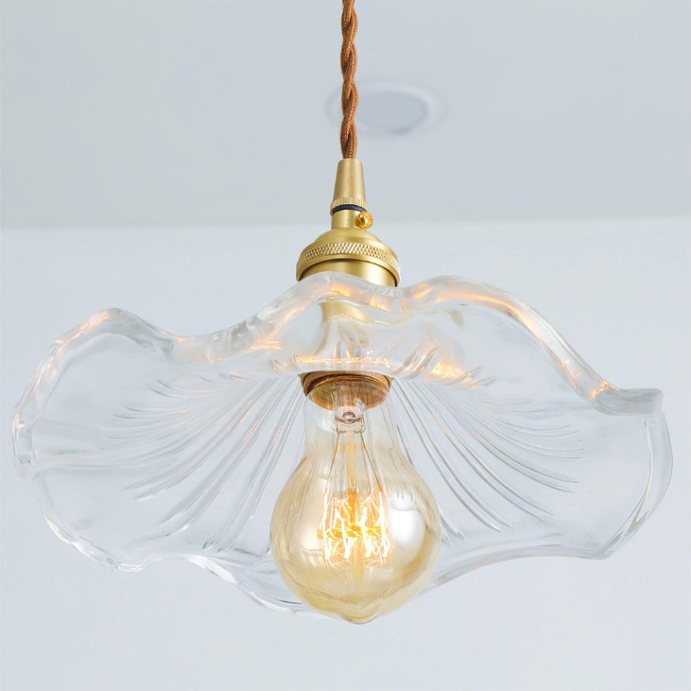 "Hibiskus LED Pendelleuchte, Glas-Messing, Blumenform, verstellbare Höhe, elegantes Design, Wohnraumbeleuchtung"