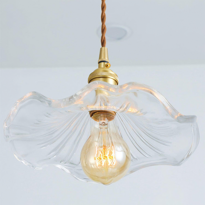 "Hibiskus LED Pendelleuchte, Glas-Messing, Blumenform, verstellbare Höhe, elegantes Design, Wohnraumbeleuchtung"