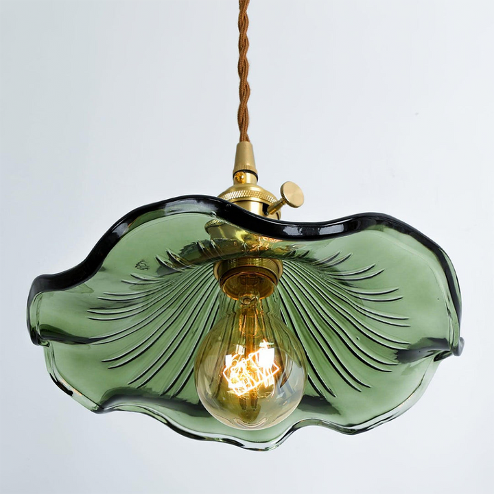 "Hibiskus LED Pendelleuchte, Glas-Messing, Blumenform, verstellbare Höhe, elegantes Design, Wohnraumbeleuchtung"