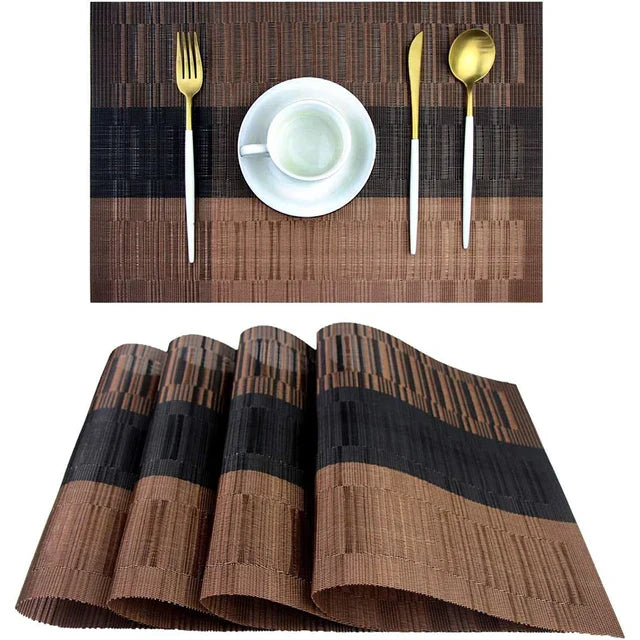 "Hitzebeständige, elegante PVC-Tischsets, 4 Stück, in Braun und Silber, waschbar, rutschfest, 30x45 cm, dekorativ."