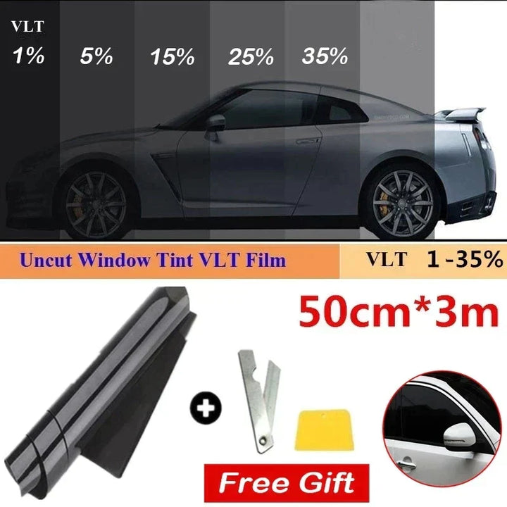 "Hochwertige Auto Sonnenschutzfolie, 50cm x 3m, schwarze PET-Tönungsfolie für UV-Schutz und Hitzeschutz."