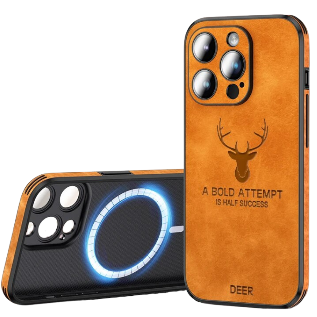 "Hochwertige braune Wildleder-iPhone-Hülle, stoßfest mit Kameraobjektivschutz für optimalen Luxus und Schutz."