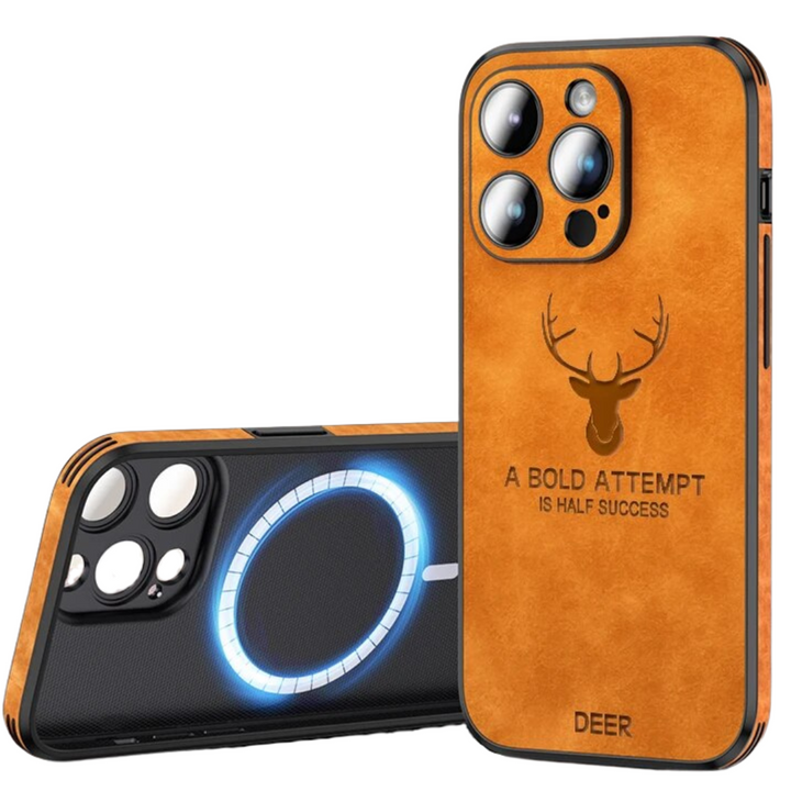 "Hochwertige braune Wildleder-iPhone-Hülle, stoßfest mit Kameraobjektivschutz für optimalen Luxus und Schutz."
