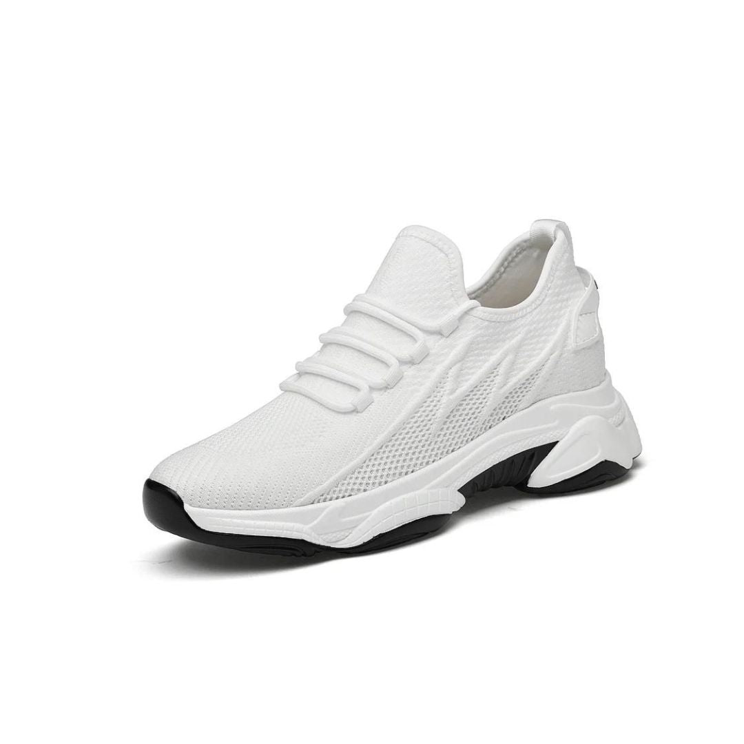 "Höhenverleihende Herren Sportschuhe, weiß, atmungsaktiv, leicht, erhöht bis 5 cm; ideales Design für Sport und Alltag."
