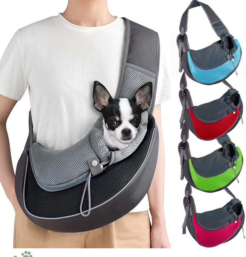 "Hunde-Tragetasche: graue, atmungsaktive Schultertasche mit gepolsterten Gurten für maximalen Komfort unterwegs."