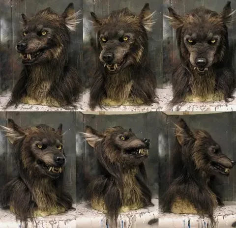 "Imposante Wolf-Maske mit realistischem Kunstfell, handgefertigt aus Silikon, ideal für Halloween-Kostüme und Cosplay."