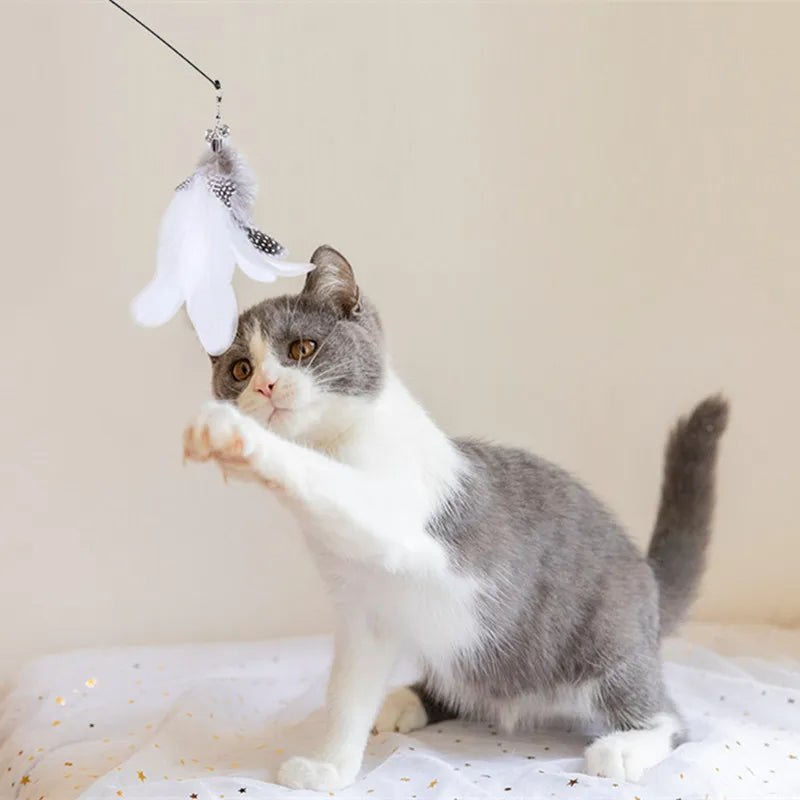 Interaktives Katzenspielzeug mit bunten Federn im realistischen Vogeldesign, simuliert unvorhersehbare Bewegungen.
