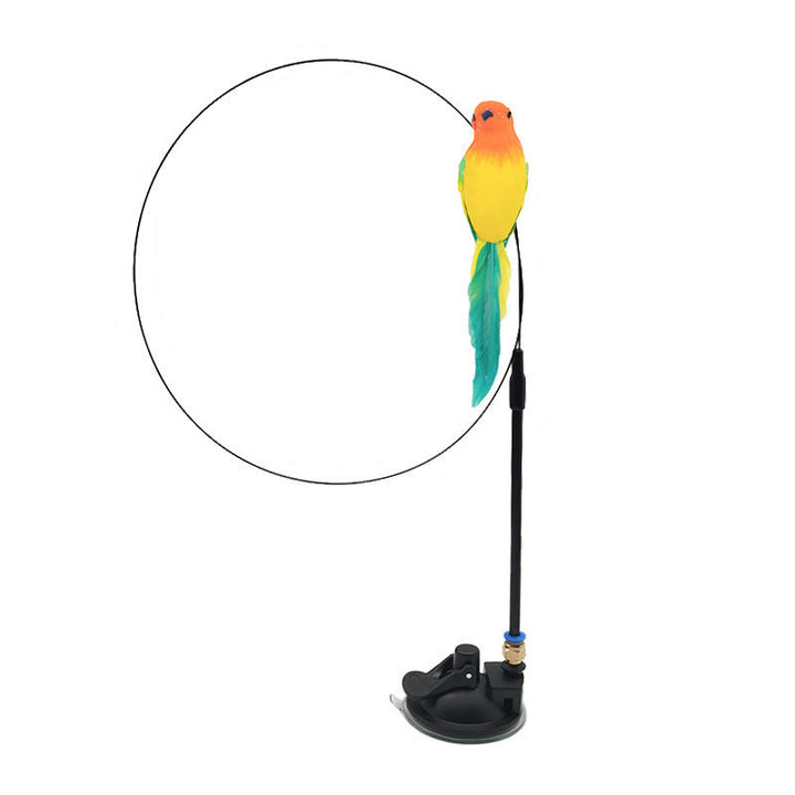 Interaktives Katzenspielzeug mit bunten Federn im realistischen Vogeldesign, simuliert unvorhersehbare Bewegungen.