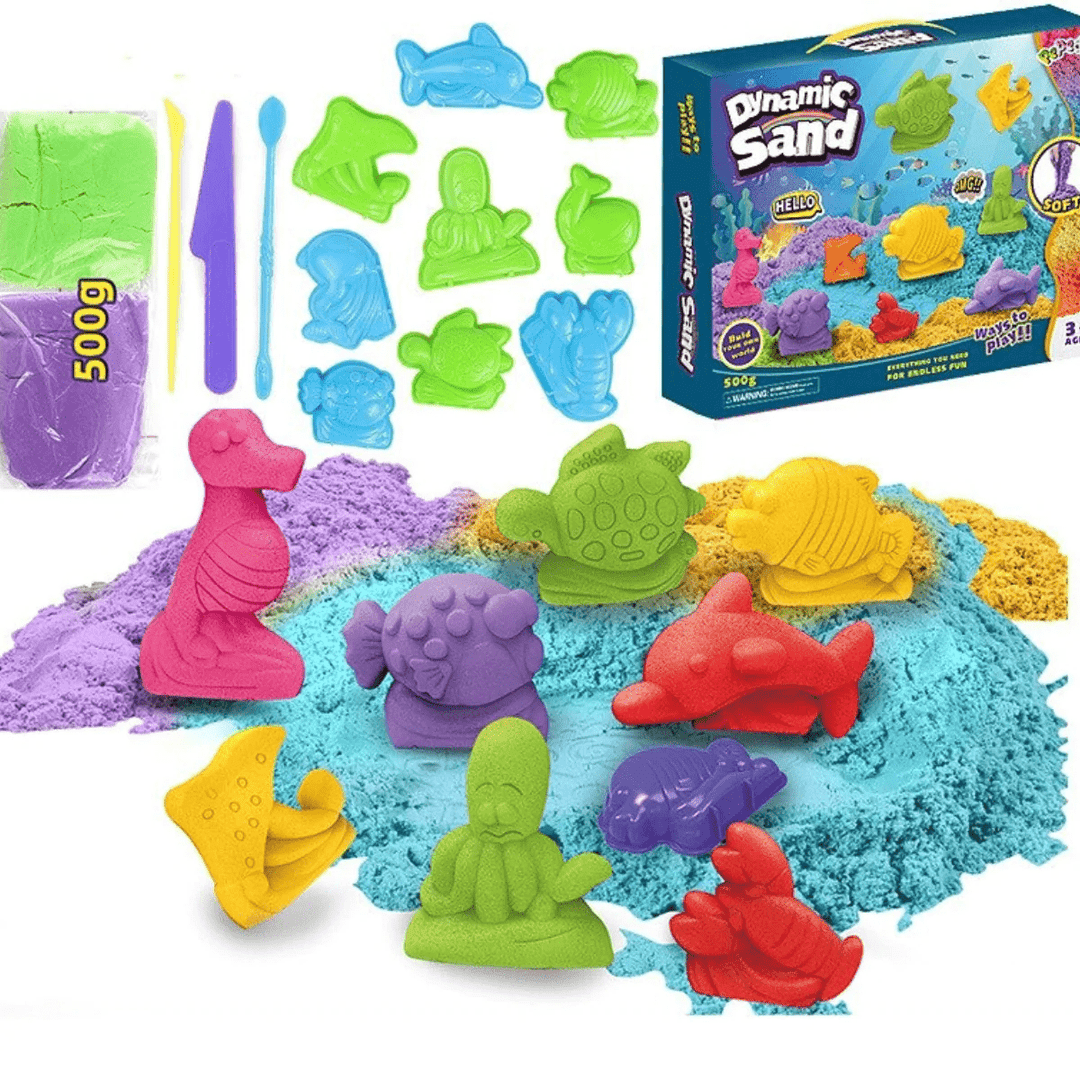 "Interaktives kinetisches Sandspielzeug für Kinder, fördert Kreativität, beigefarbener Sand und bunte Förmchen, ab 3 Jahren."