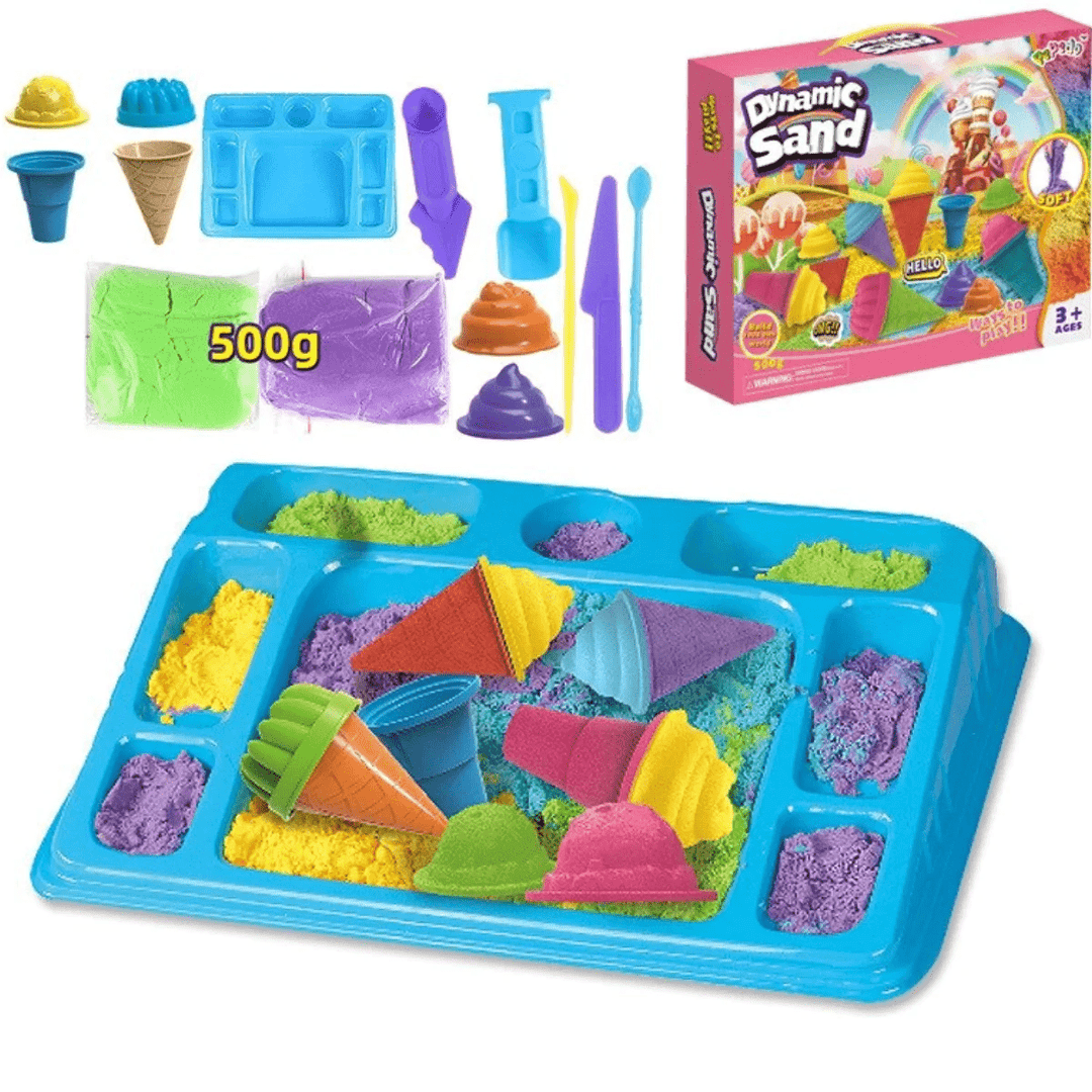 "Interaktives kinetisches Sandspielzeug für Kinder, fördert Kreativität, beigefarbener Sand und bunte Förmchen, ab 3 Jahren."