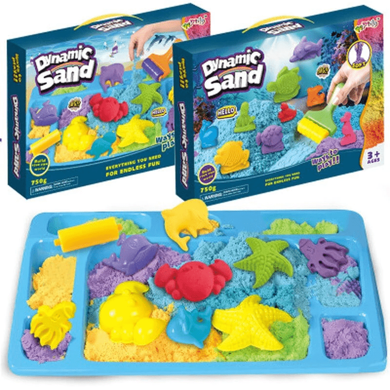 "Interaktives kinetisches Sandspielzeug für Kinder, fördert Kreativität, beigefarbener Sand und bunte Förmchen, ab 3 Jahren."