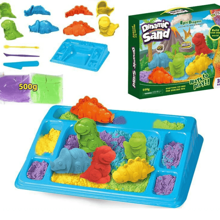"Interaktives kinetisches Sandspielzeug für Kinder, fördert Kreativität, beigefarbener Sand und bunte Förmchen, ab 3 Jahren."