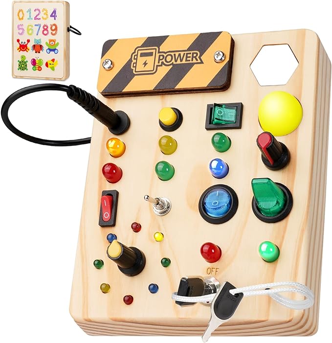 Interaktives Montessori Brett für Kleinkinder mit LED-Lämpchen und Schaltern, zur Förderung von Lernen und Feinmotorik.