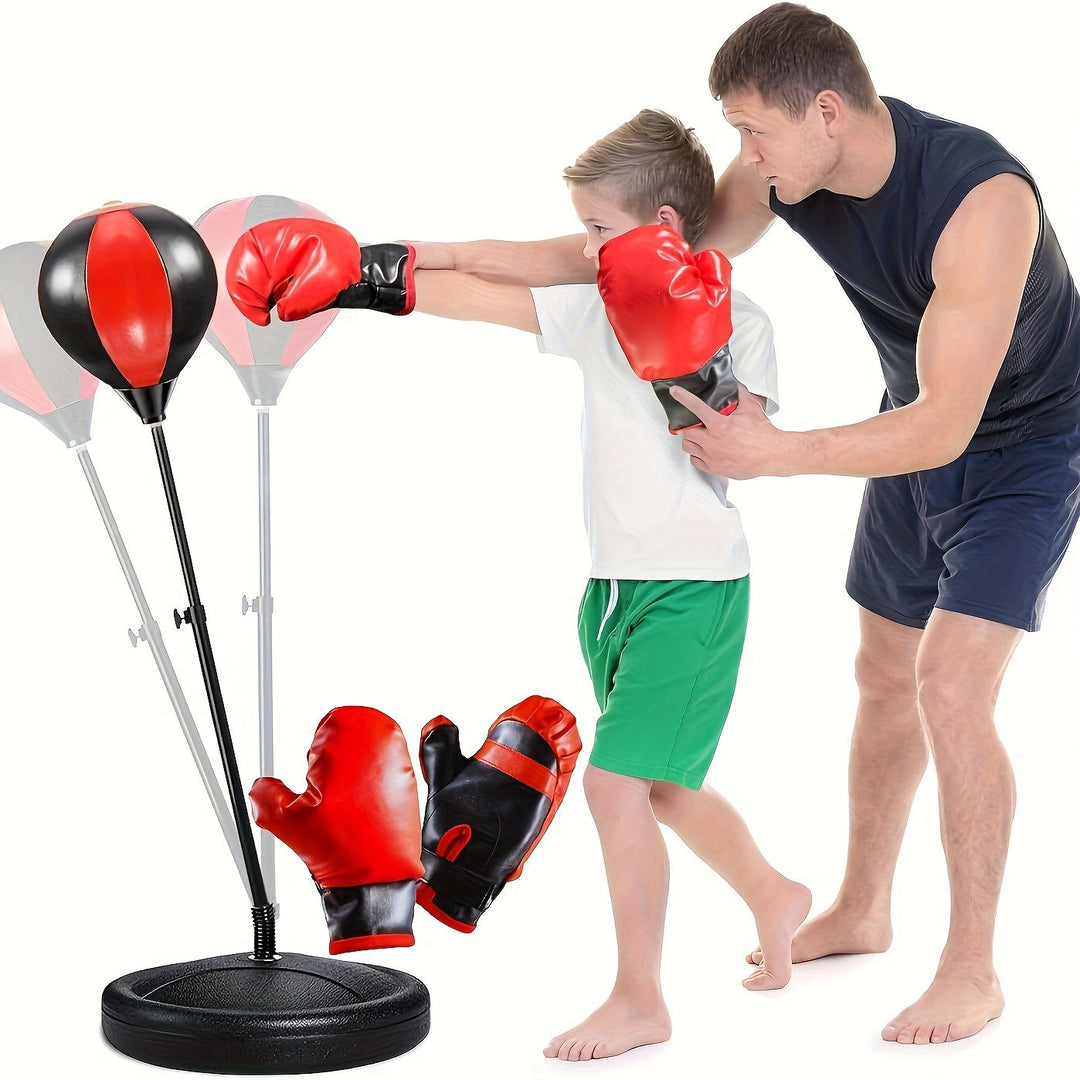 "Junior Boxsack-Set für Kinder, höhenverstellbar, mit Handschuhen, rot-schwarz, sportlicher Spaß für drinnen und draußen."