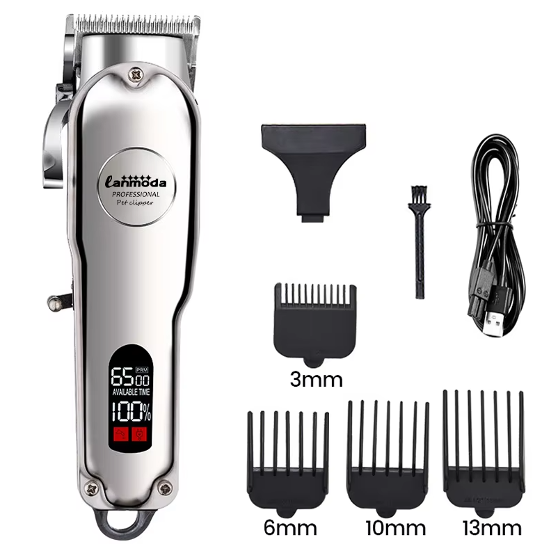 "Kabelloser, leiser Haustier-Trimmer mit Edelstahl- und Keramikklingen und Aufsätzen für Hunde und Katzen."