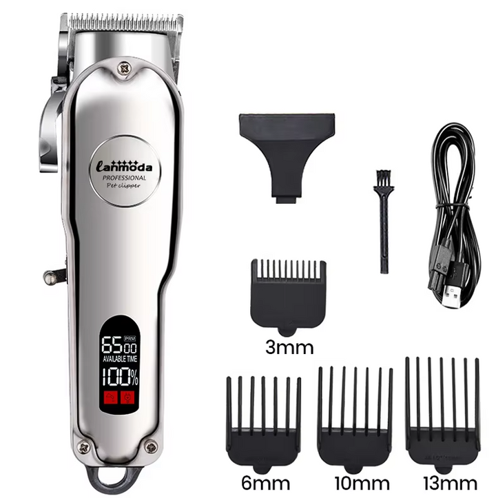 "Kabelloser, leiser Haustier-Trimmer mit Edelstahl- und Keramikklingen und Aufsätzen für Hunde und Katzen."