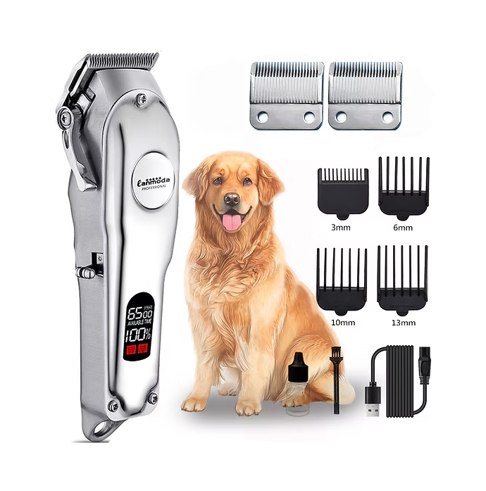 "Kabelloser, leiser Haustier-Trimmer mit Edelstahl- und Keramikklingen und Aufsätzen für Hunde und Katzen."
