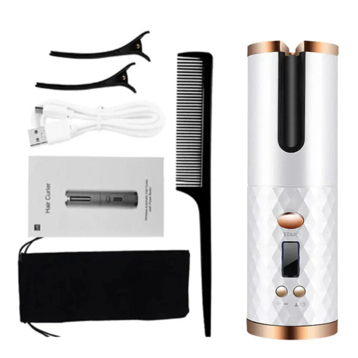 "Kabelloser Lockenstyler in Aktion, erzeugt perfekte Locken, kabellos & wiederaufladbar, Beauty & Health Produkt"